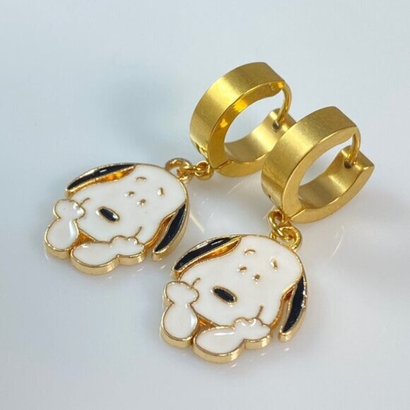Snoopy Dog on Stainless Steel Huggie Hoop Earrings - Picture 4 of 5
